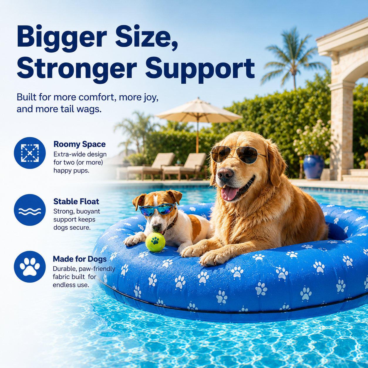 Two dogs relaxing on a blue paw-print inflatable pool float