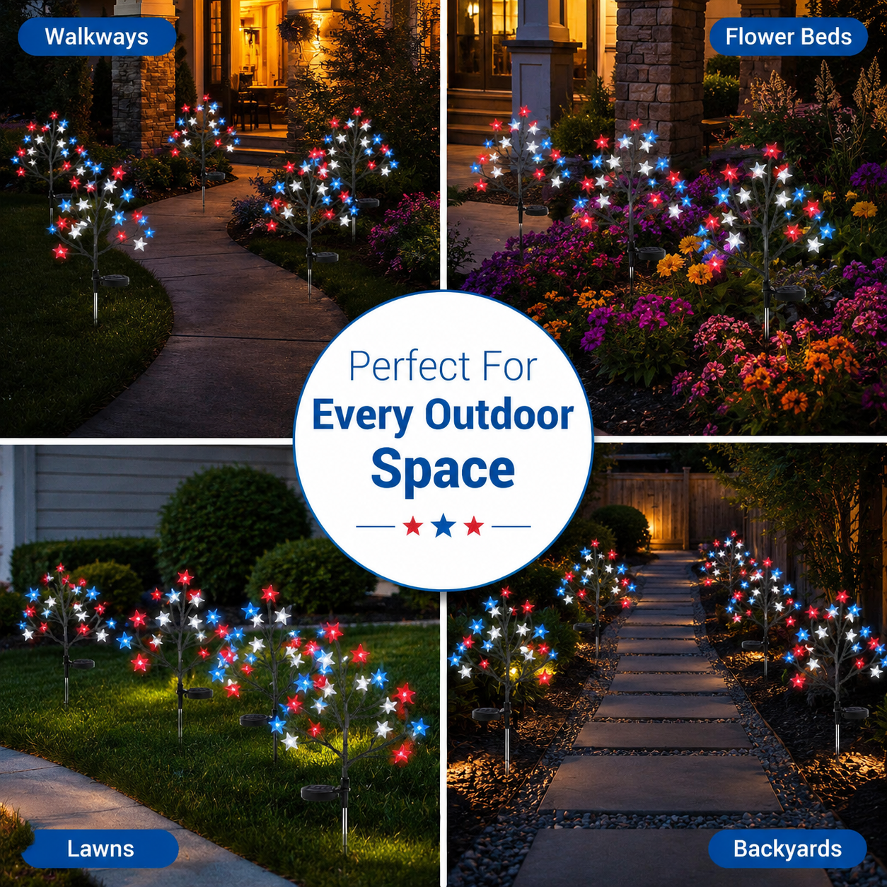 Red, White & Blue Yard Glow — Patriotic Solar Starburst Garden Lights