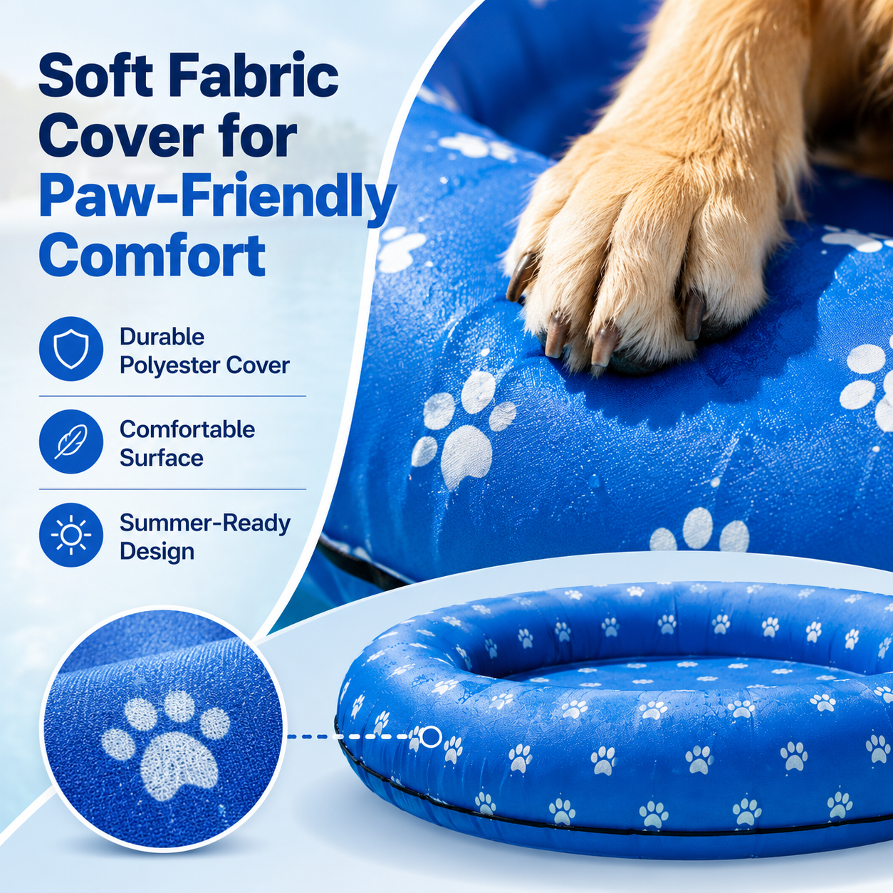 Fabric-covered inflatable dog pool float